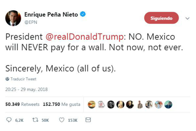 “México NUNCA pagará por el muro. Ni ahora ni nunca”, esta fue la respuesta del presidente de Peña Nieto ante las acusaciones de Trump de no hacer nada para frenar el tráfico de armas.