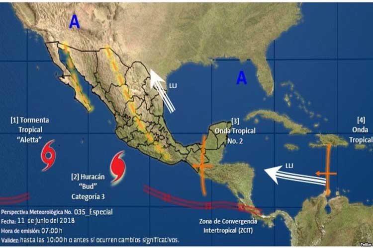 Ubicación del huracán Bud y de la tormenta tropical Aletta en la costa del Pacífico mexicana. Imagen, de la Coordinación General del Servicio Meteorológico de México, CONAGUA.