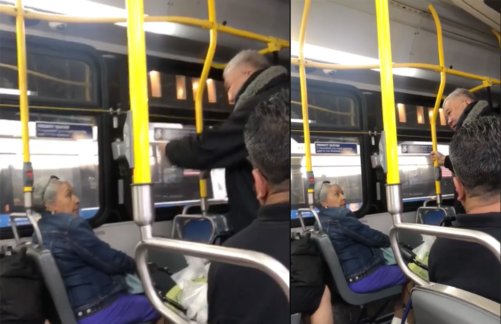 Un anciano de la tercera edad con una andadera fue captado en video agrediendo verbalmente a una mujer latina mayor en un autobús.