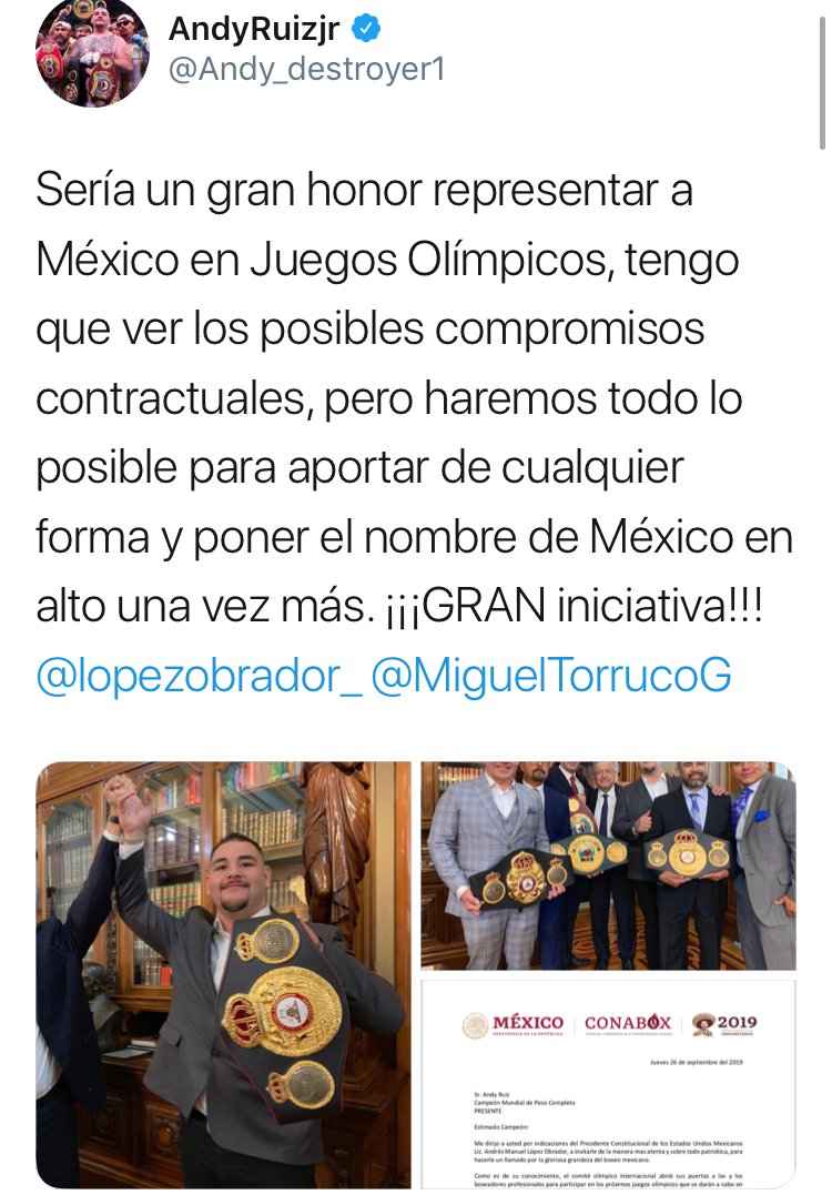 Andy Ruíz abre posibilidad de competir por México en los Juegos Olímpicos 2020