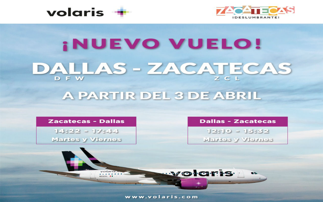 El nuevo vuelo de Zacatecas-Dallas será regular y lo operará la aerolínea Volaris. El precio del vuelo redondo irá desde los 4 mil 500 pesos.