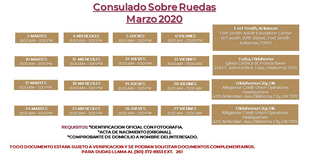 Consulado Sobre Ruedas Little Rock; fechas y horarios para marzo de 2020