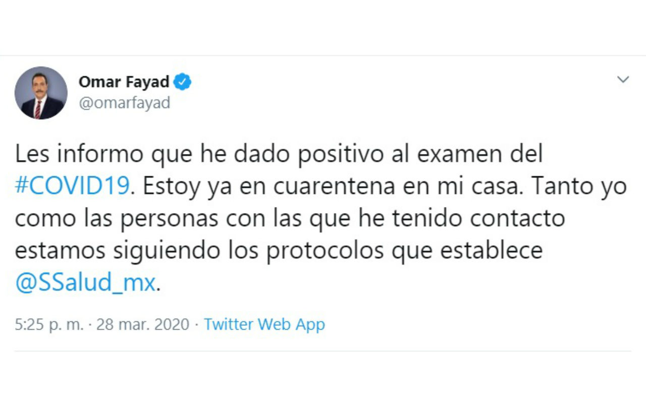 Omar Fayad dio positivo a coronavirus