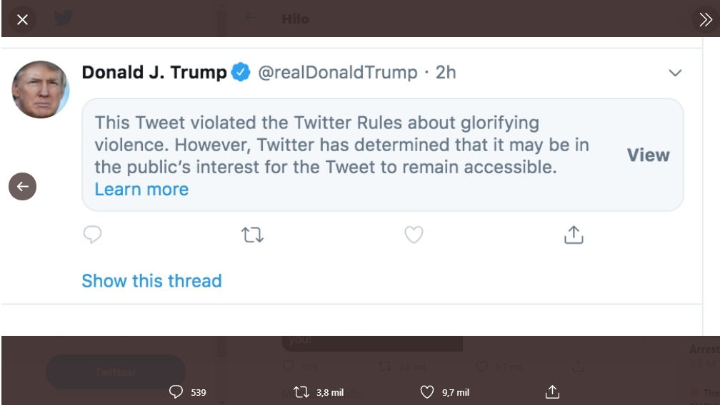 Twitter oculta tuit de Donald Trump sobre Mineápolis por glorificar la violencia
