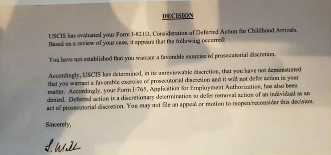 carta rechazo DACA sin motivo aparente