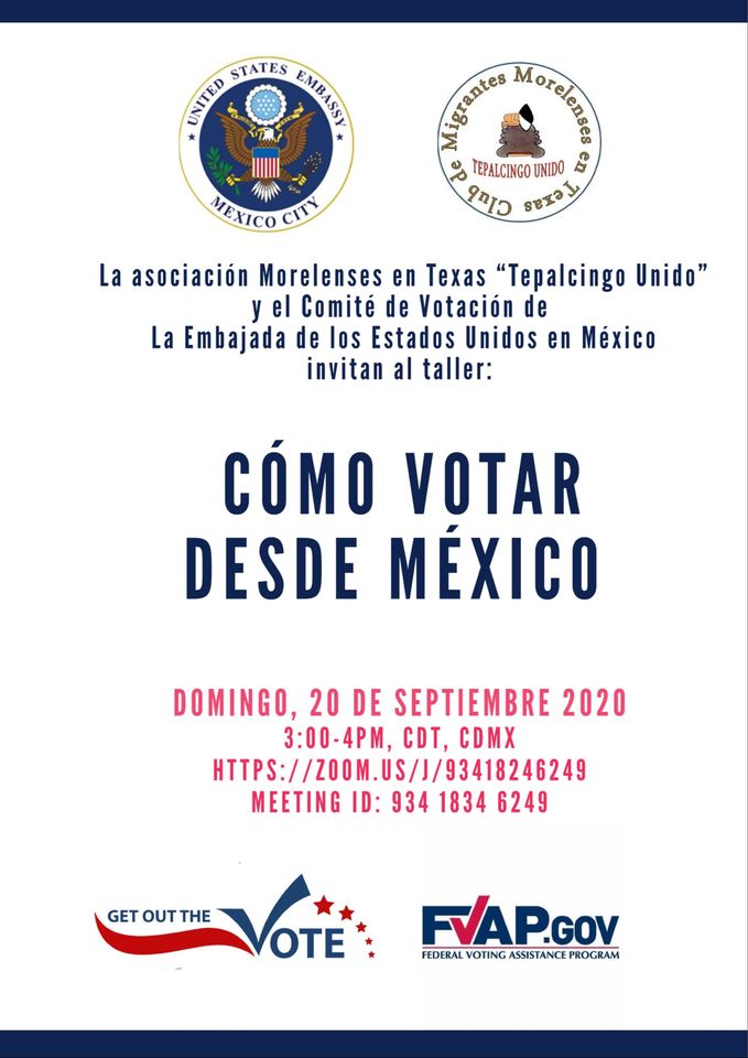 Foro "Cómo votar desde México". Imagen: Facebook de asociación de Morelenses en Texas "Tepalcingo Unido".
