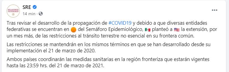 SRE cierre fronterizo se extiende hasta marzo de 2021