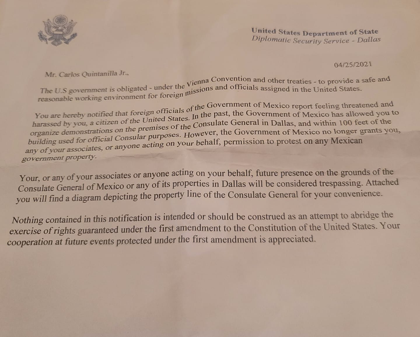 Carta del Departamento de Estado dirigida a Carlos Quintanilla. | Foto: Facebook de Carlos Quintanilla.
