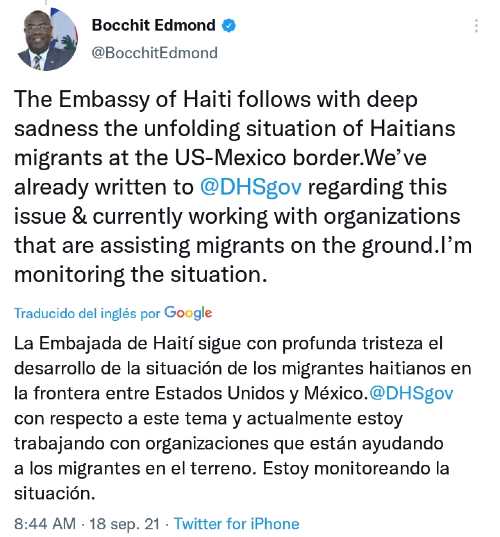 El embajador de Haití en Estados Unidos expreso su postura con este tweet el sábado. 