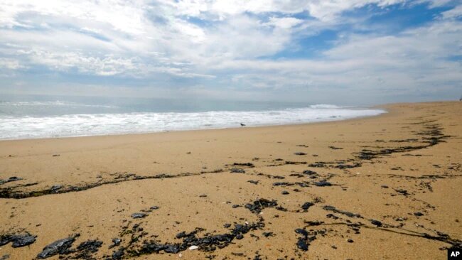 Manchas de petróleo en la playa de Newport Beach. | Foto: VOA/AP.
