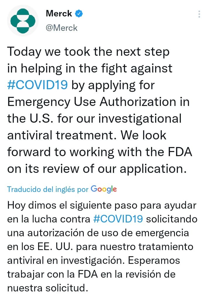 Tweet de la farmacéutica Merck anunciando su solicitud a la FDA. | Imagen: Conexión Migrante.