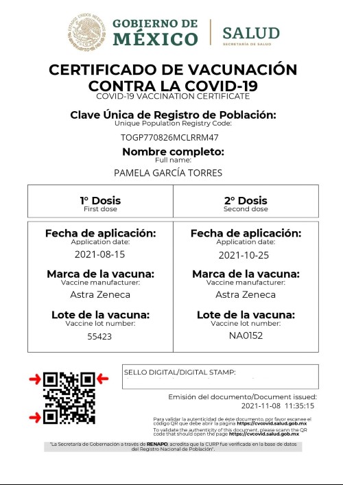 Ejemplo de comprobante de vacunación emitido por el Gobierno de México. | Imagen: Conexión Migrante.
