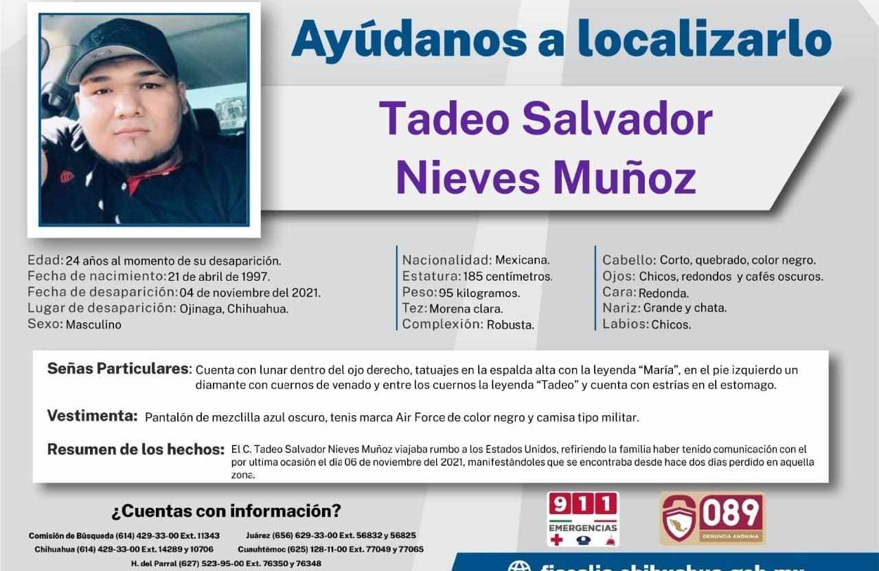 Ficha de búsqueda de Tadeo Nieves de la Fiscalía de Chihuahua. | Foto: Comisión Estatal de Búsqueda del estado de Chihuahua.