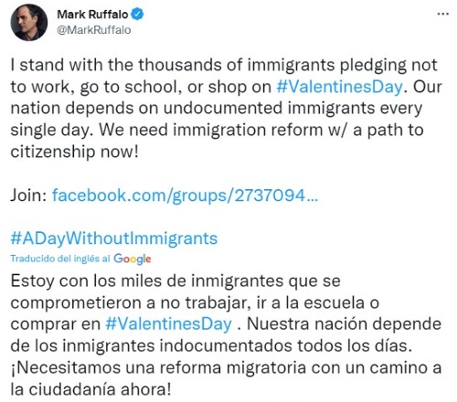 Tuit de Mark Ruffalo sobre Un Día Sin Inmigrantes. 