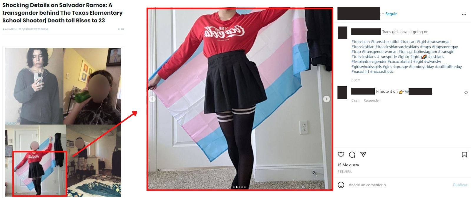 A la izquierda imágenes compartidas en blogs asegurando que el autor del tiroteo es transexual. A la derecha, la foto original del perfil de Instagram de Sam.