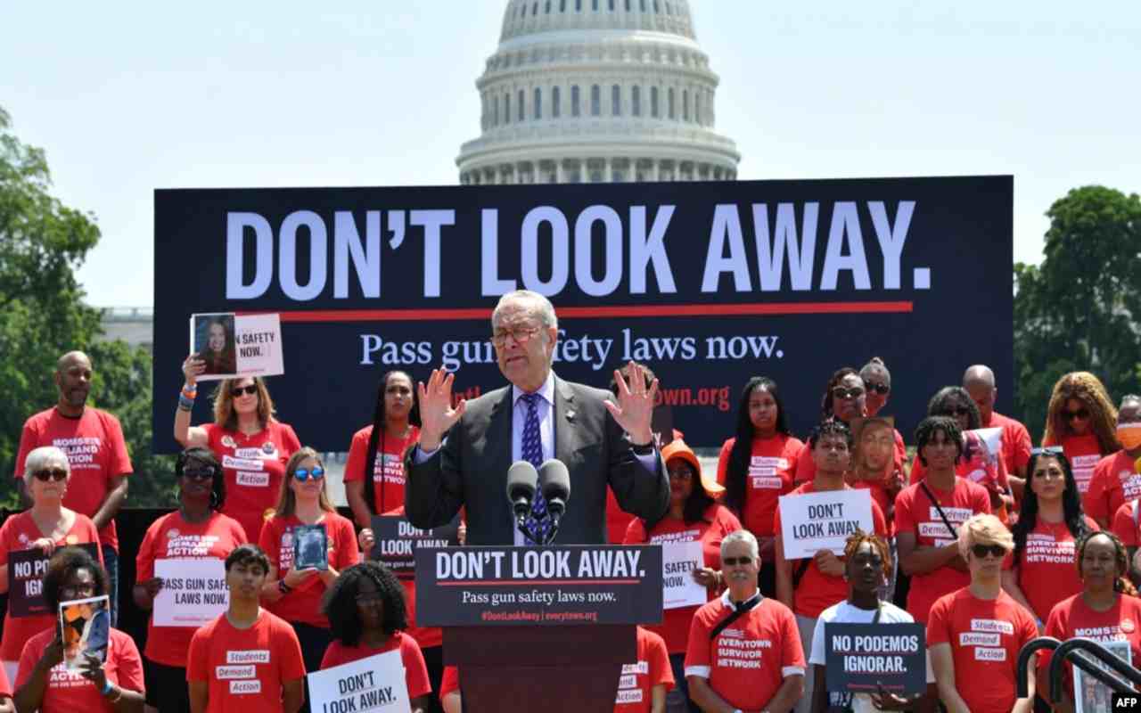 El líder de los demócratas en el Senado, Chuck Schumer, habla sobre el control de armas de fuego en Washington, DC, en Estados Unidos, el 8 de junio de 2022. | Foto: VOA / AFP.