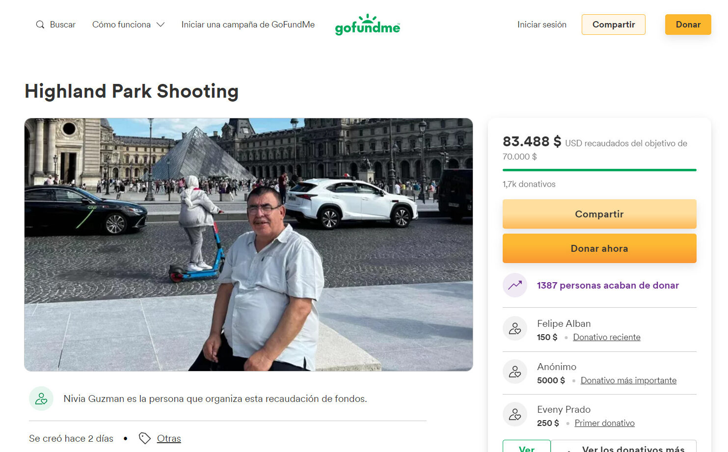 Campaña para recaudar fondos para la familia de Eduardo Uvaldo. | Foto: Captura de pantalla de GoFundMe.