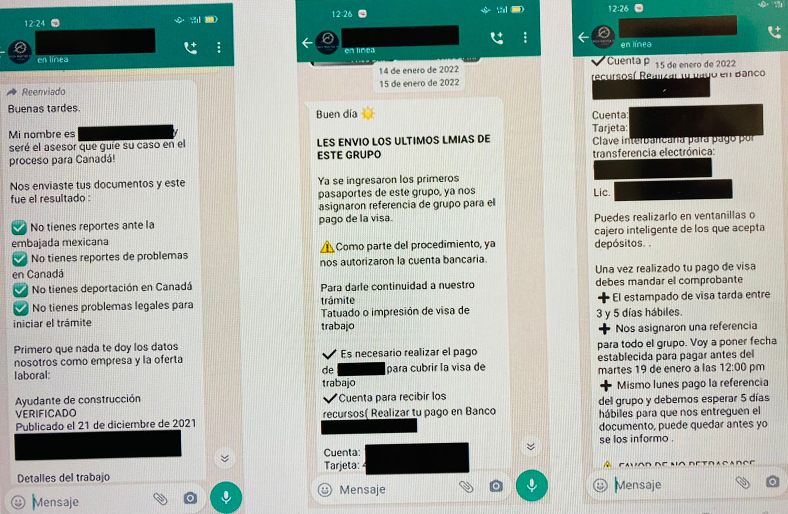 Ejemplos de mensajes de una oferta de trabajo falsa en Canadá. | Foto: Cortesía de la Embajada de Canadá en México.