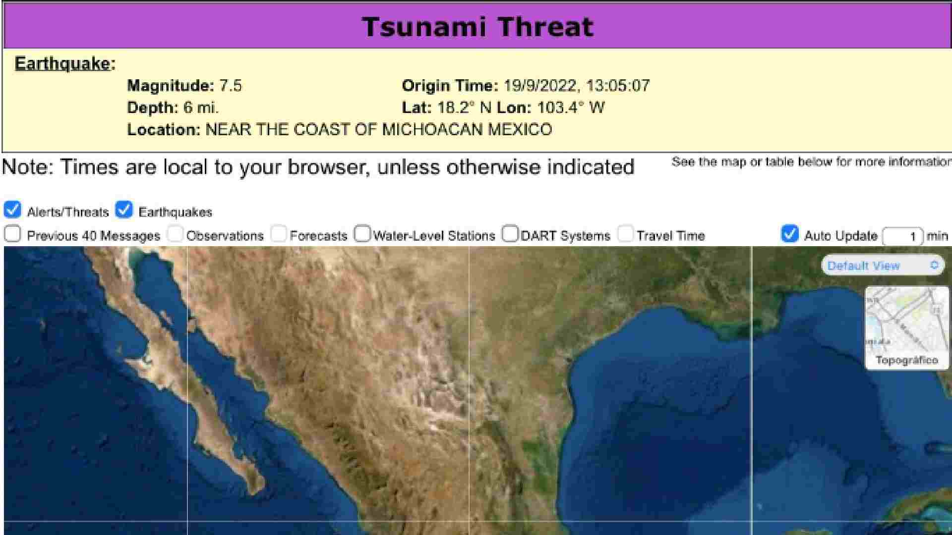 El sismo de magnitud 7.4 se localizó en toda la geografía de Michoacán y partes de Jalisco, Colima y el área metropolitana. | Foto: U.S. Tsunami Warning System