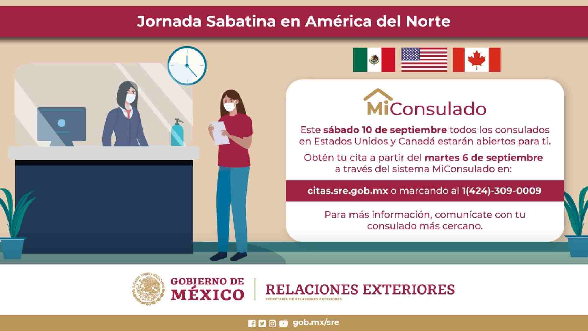 Los 50 consulados existentes en Estados Unidos y los 10 en Canadá estarán atendiendo en un horario de 9 de la mañana a 5 de la tarde esta jornada sabatina. | Foto: Twitter @SRE_mx