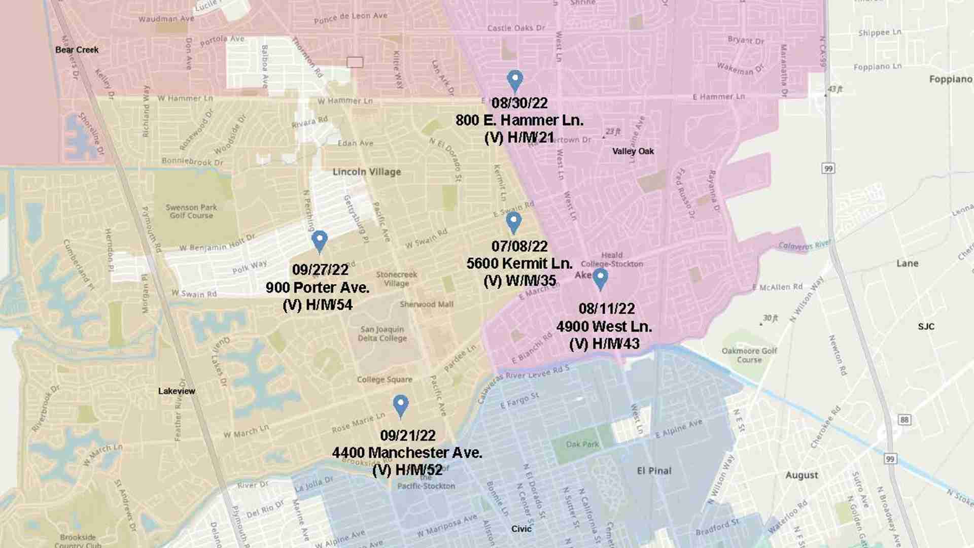 Te recomendamos evitar las zonas marcadas en el mapa. | Foto: @StocktonPolice