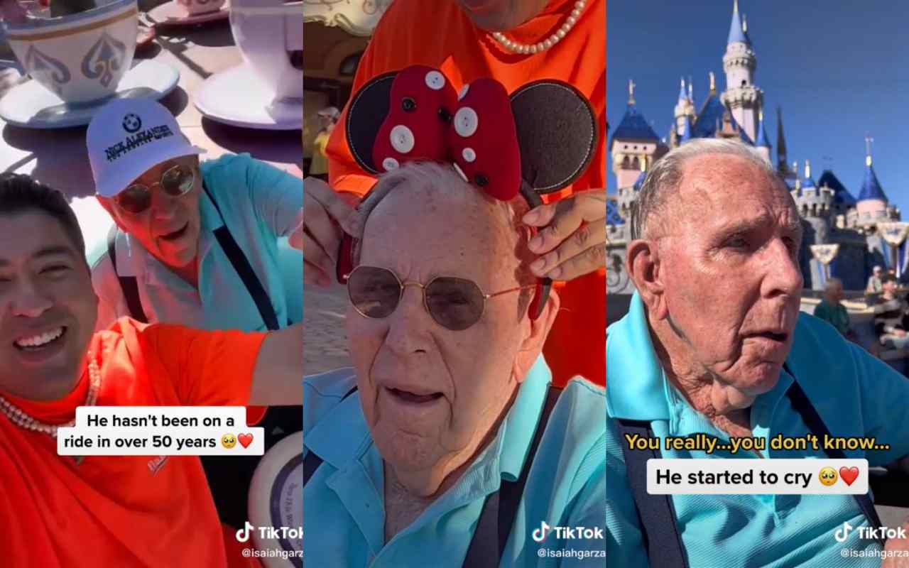 Tiktoker y veterano de 100 años conociendo Disneyland. | Foto: Captura del TikTok de @isaiahgarza.