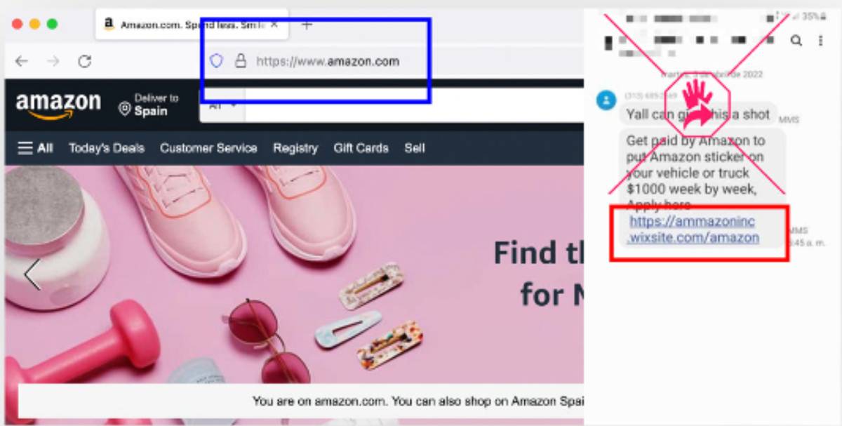 Caption: en azul la página web legítima de Amazon, y en rojo el link a un link fraudulento de Amazon incluida en un mensaje (fuente: elDetector, medio aliado de Factchequeado).
